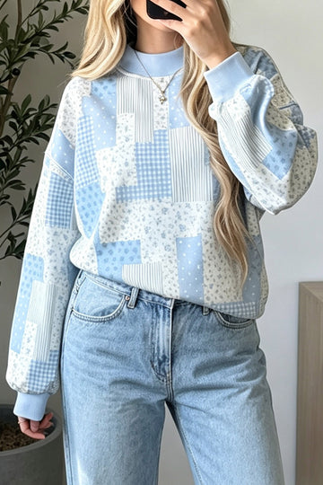 Patchwork Floral Print Mock Neck Long Sleeve Sweatshirt – Sky Blue