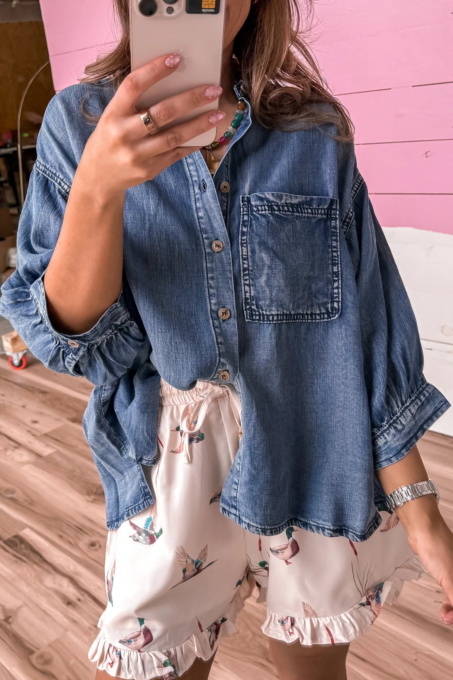 Three Quarter Sleeve Button Front Loose Denim Shirt – Dusk Blue
