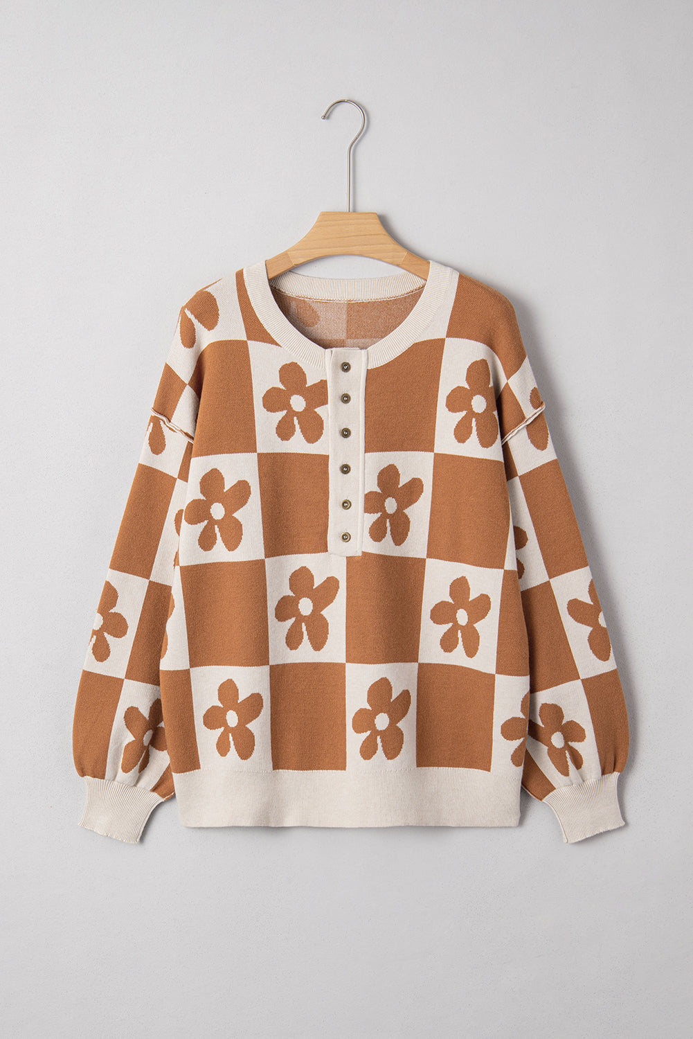Flower Colourblock Checkered Henley Sweater - eAura