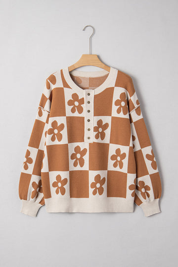 Flower Colourblock Checkered Henley Sweater - eAura