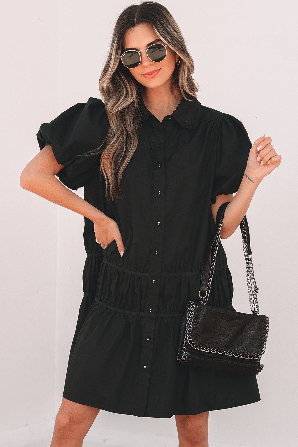 Black Shirt Style Button Down Puff Sleeve Ruffle Hem Dress eAura