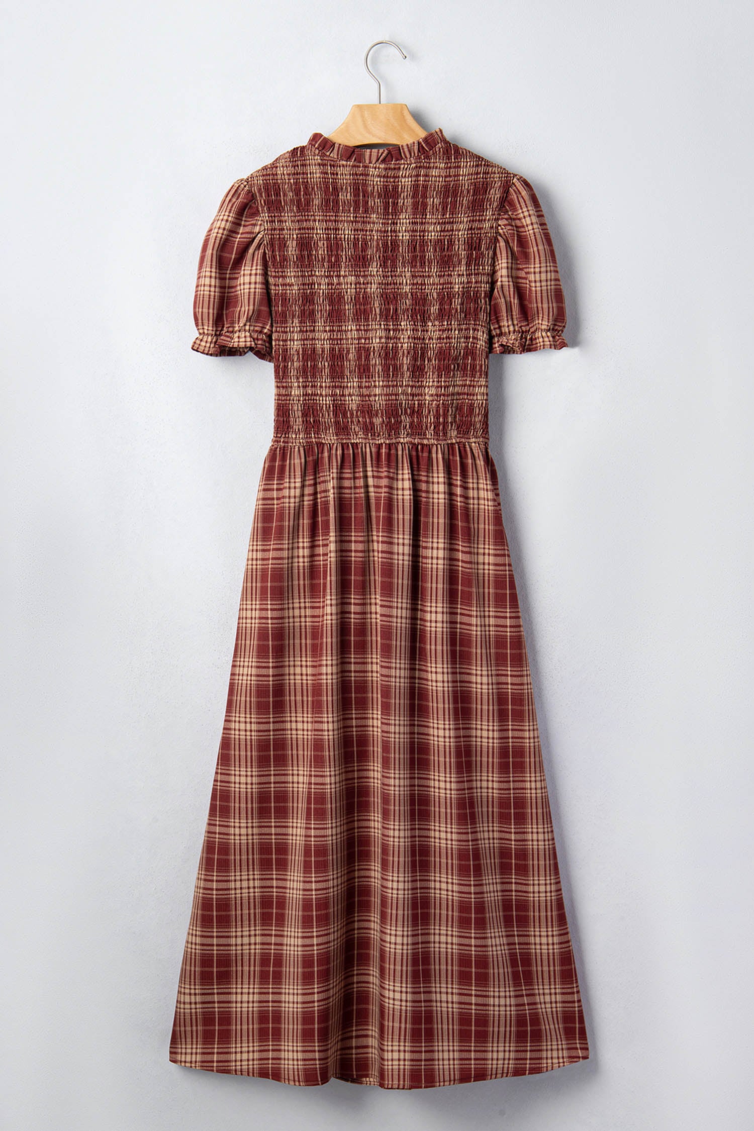 Vintage Plaid Knot Front Smocked High Waist Midi Dress – Red