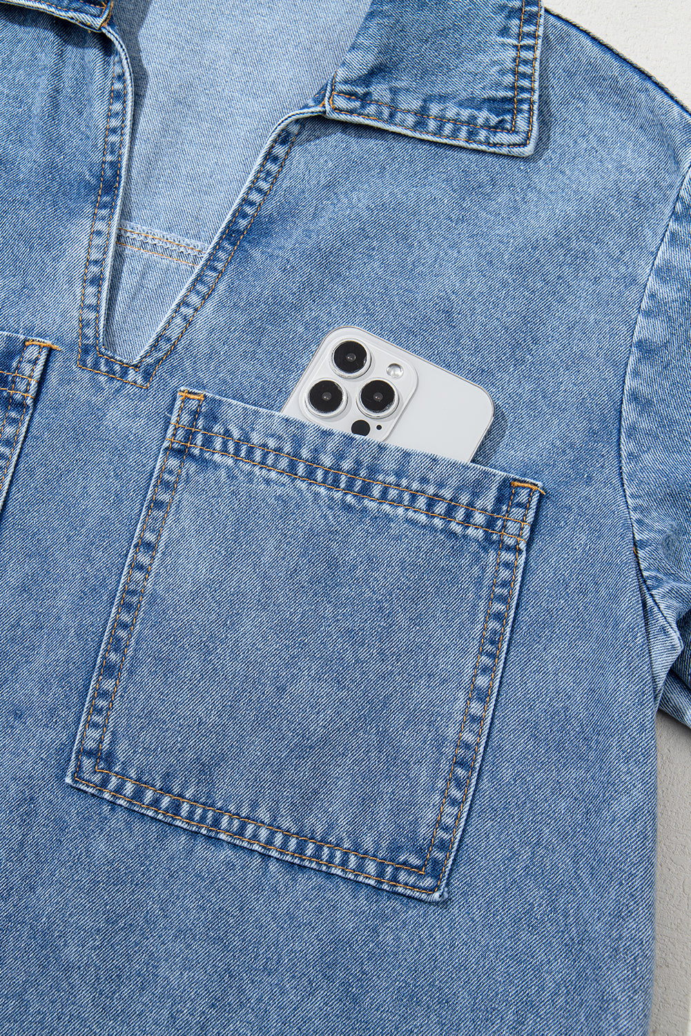 Beau Blue Short Sleeve Collared Patched Pocket Denim Mini Dress BB Fashion Outlet