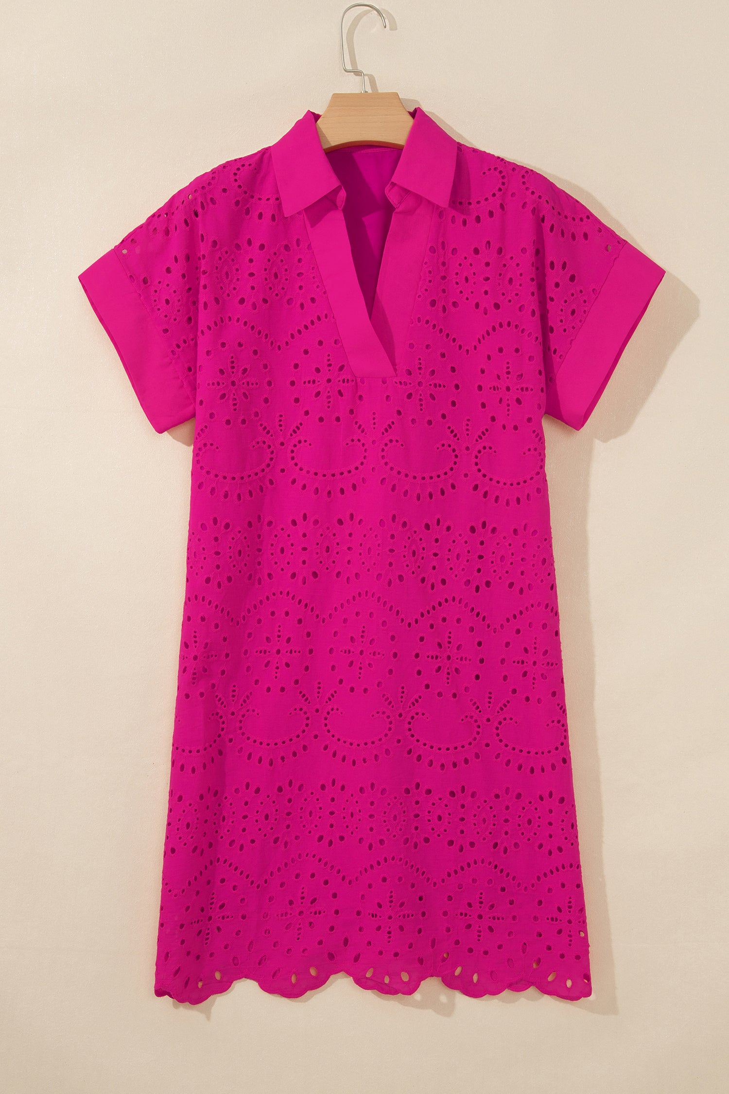 Solid Color Eyelet Embroidered T Shirt Mini Dress – Rose Red