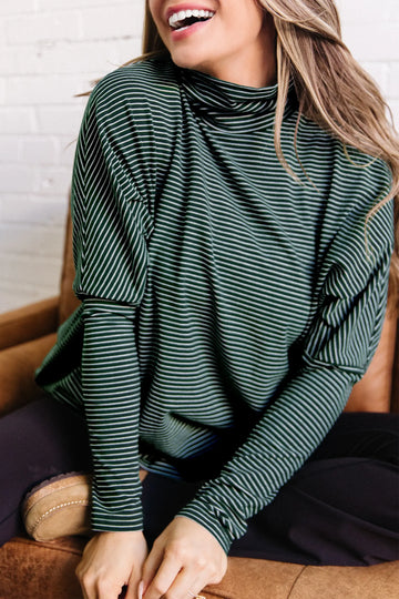 High Neck Dropped Shoulder Long Sleeve Casual Top – Green Stripe