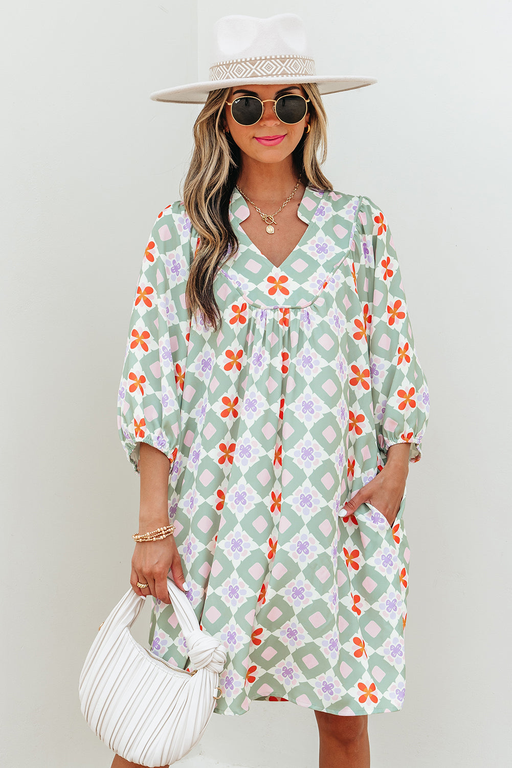Green Geometric Floral Print 3/4 Sleeve Notched Neck Mini Dress eAura