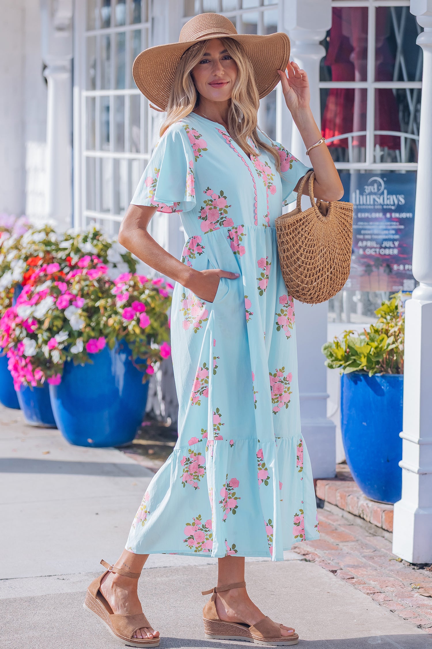 Floral Print Flutter Sleeve Maxi Dress