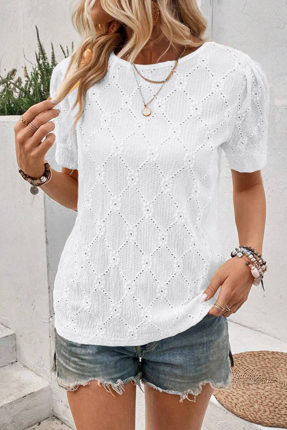 Floral Geometric Textured Button Short Sleeve Top