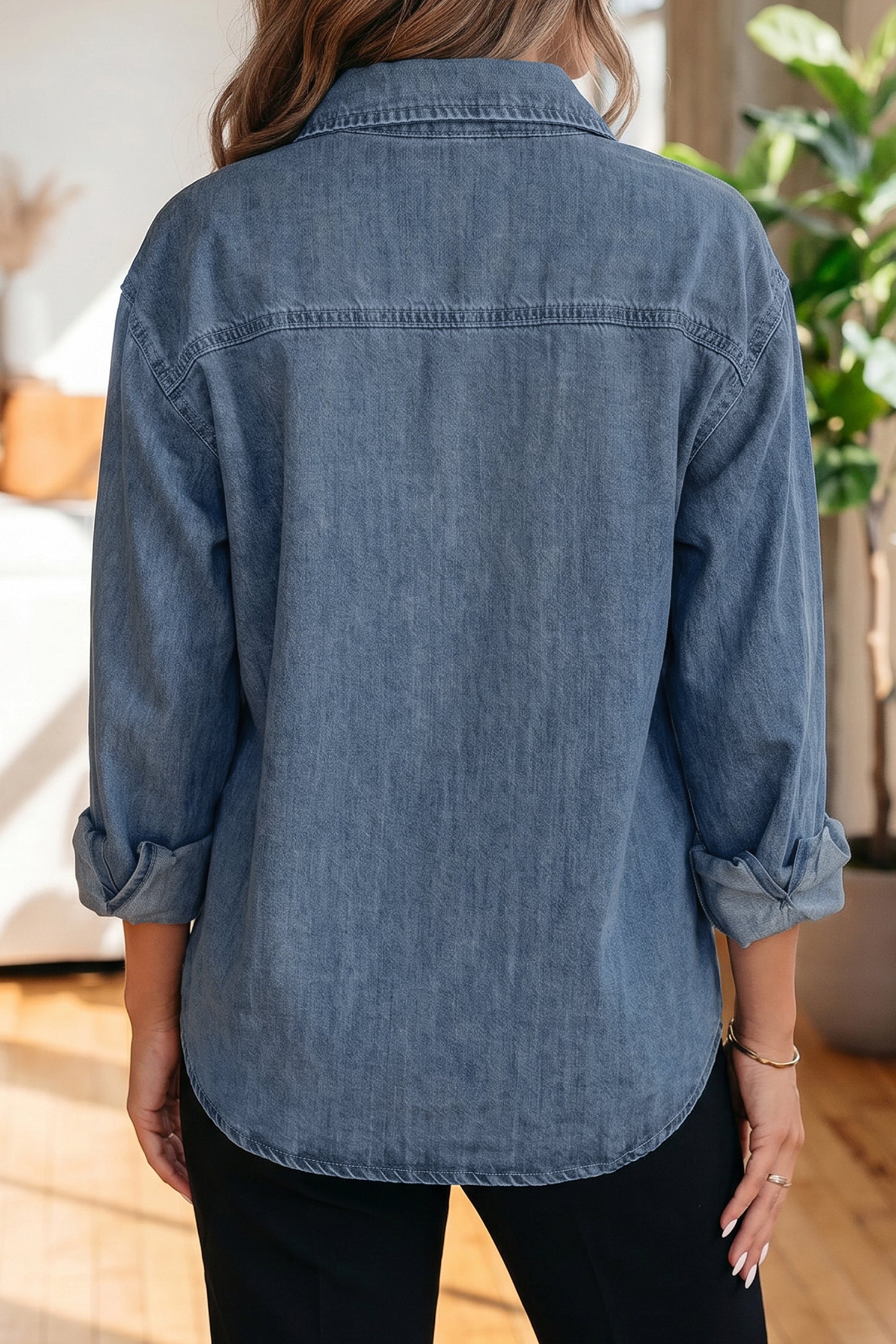 Color Block Pocket Detail Casual Button Down Denim Shirt – Sky Blue