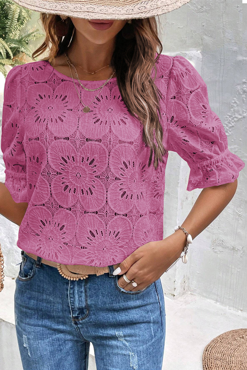Black Flower Eyelet Jacquard Keyhole Flounce Sleeve Top eAura