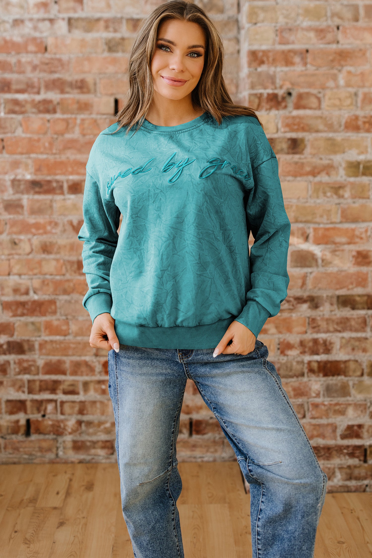 'Saved By Grace' Embroidered Mineral Wash Sweatshirt