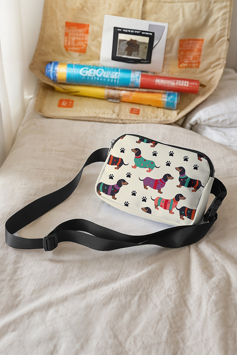 Dachshund Walking Footprint PU Crossbody Bag