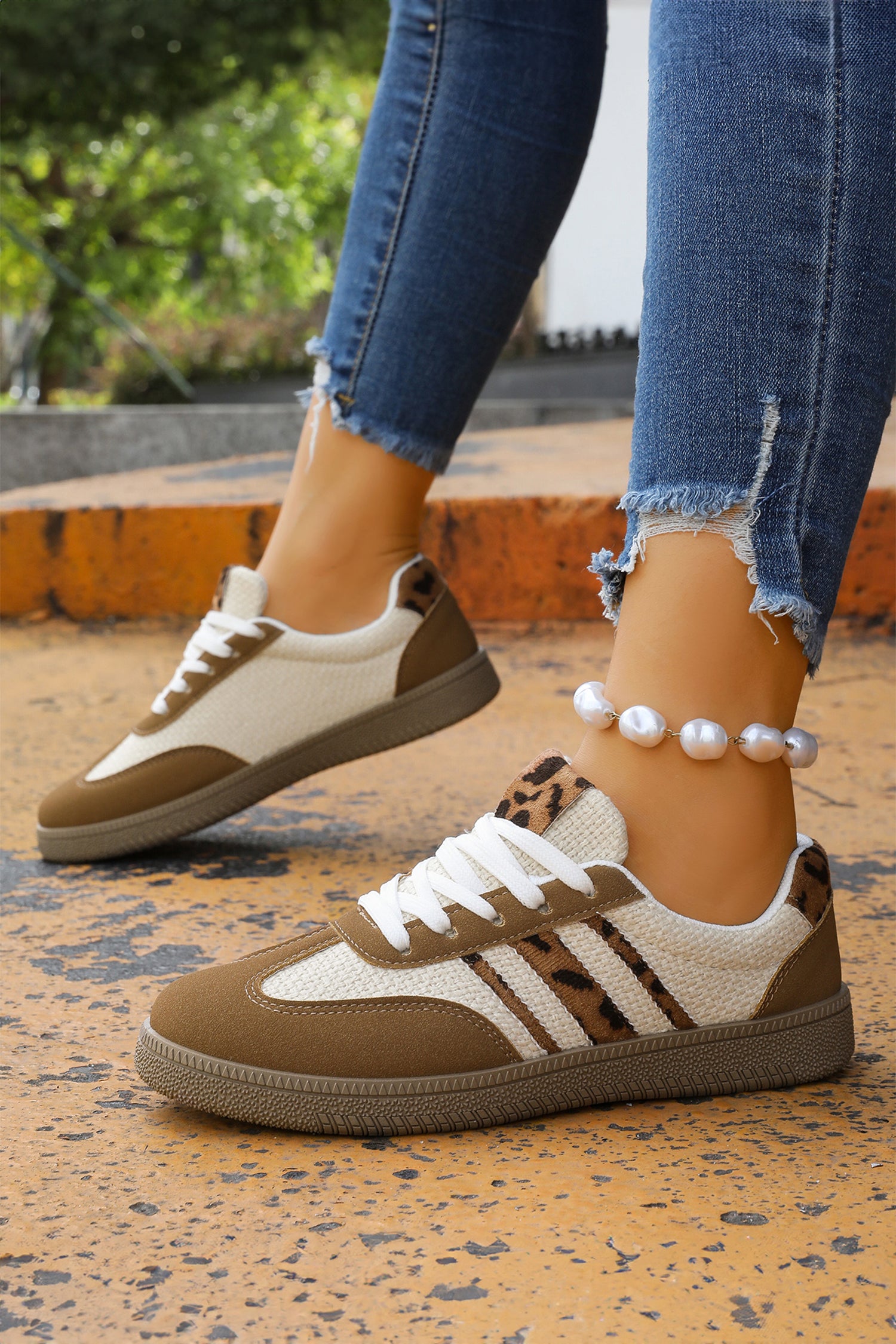 Coffee Colour Block Leopard Lace-up Flat Shoes - Shoes/trainers