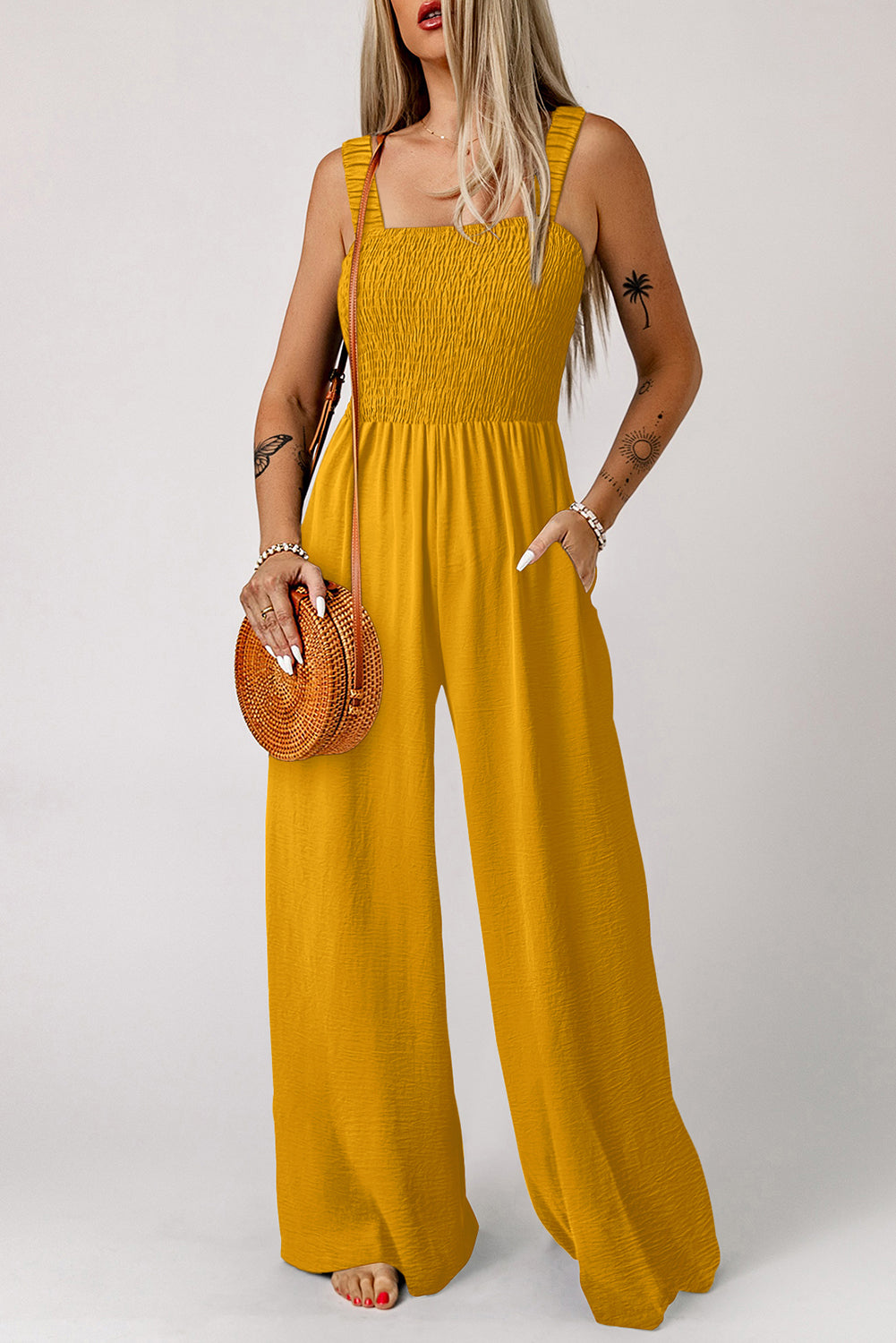 Smocked Sleeveless Wide Leg Jumpsuit with Pockets
