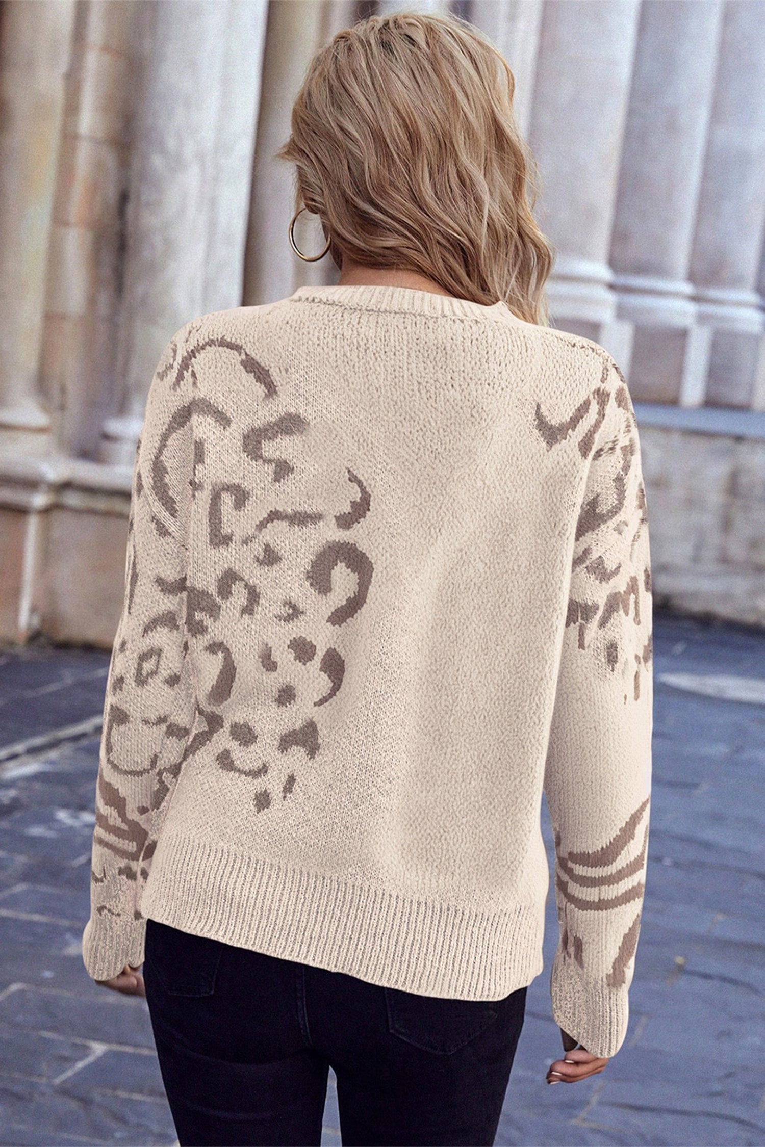 Leopard Print Detail Drop Shoulder Sweater - eAura