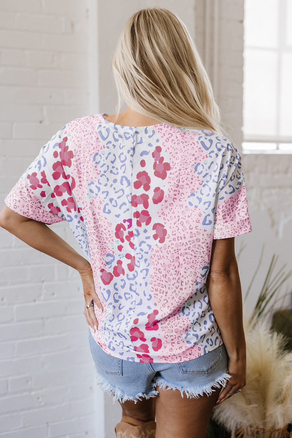 Mixed Leopard Print V Neck Short Sleeve Blouse eAura