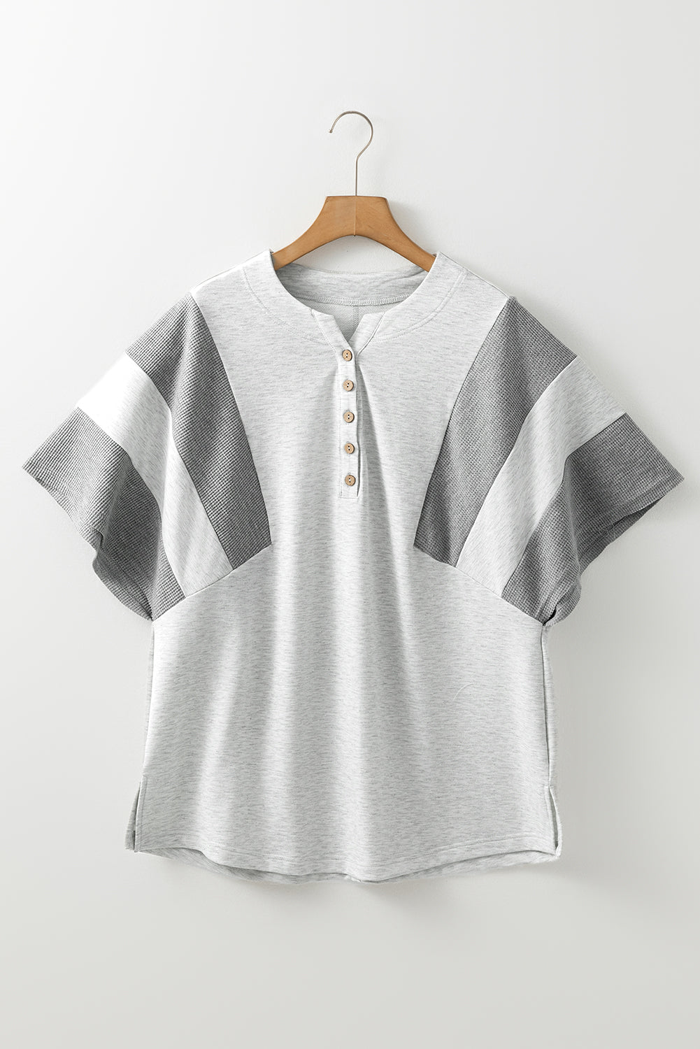 Light Grey Two Tone Contrast Waffle Knit Patched Buttoned V Neck Top eAura