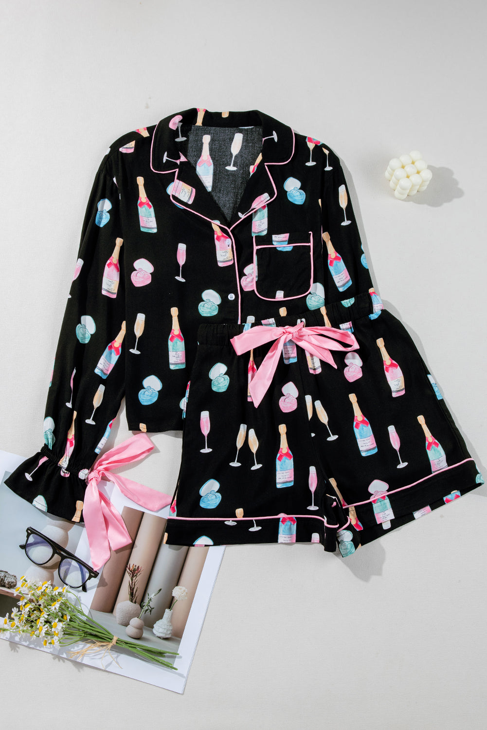 Christmas Wine Glass Print Bow Knot Two Piece Pajama Set – Color Black