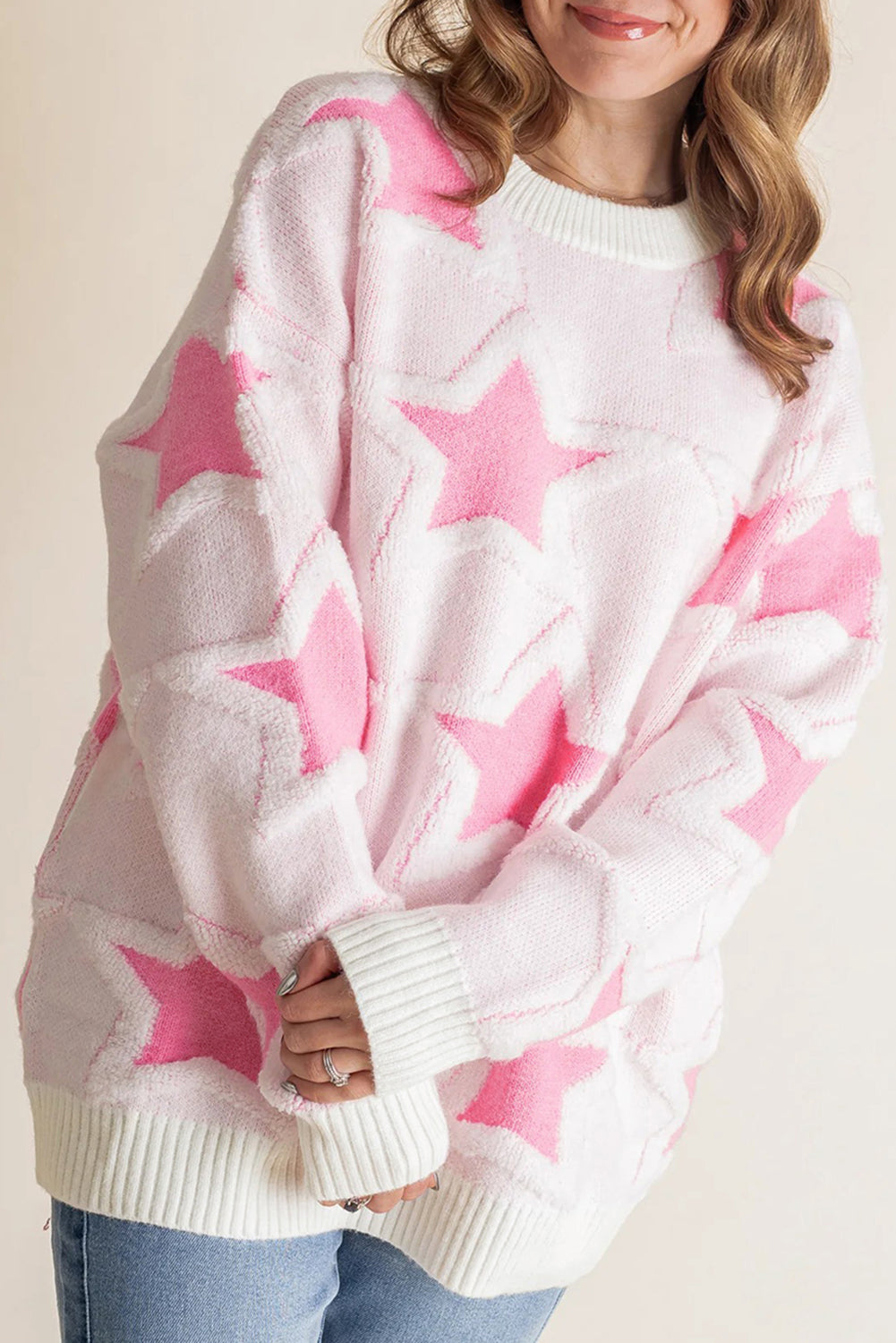 Pink Oversized Cute Star Pattern Ribbed Edge Drop Shoulder Sweater eAura