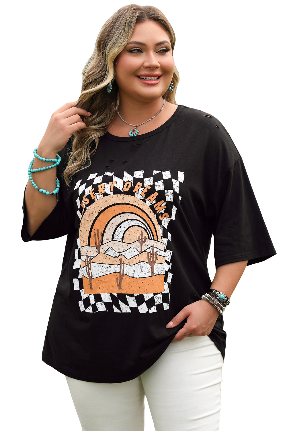 Black Checkerd DESERT DREAMS Printed Ripped Plus Size Tee BB Fashion Outlet