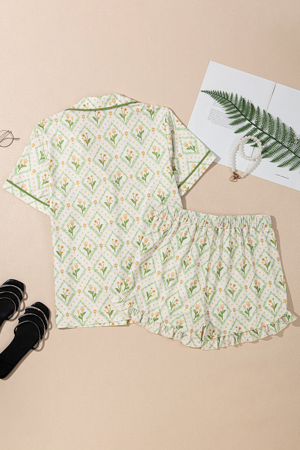 Green Floral Print Turn-down Collar Short Pyjamas Set eAura
