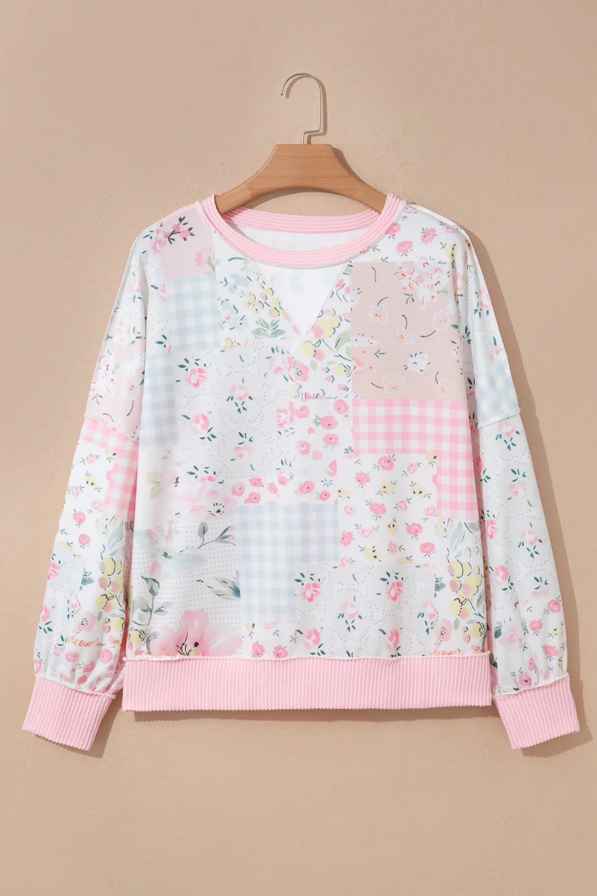 Pink Twisted Ribbed Trim Floral Print Patchwork Long Sleeve Top