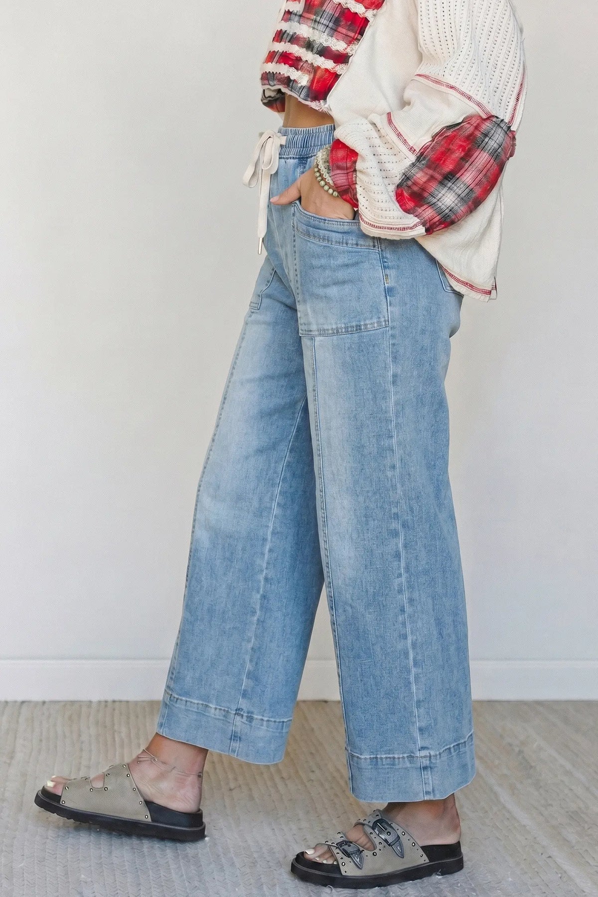 Beau Drawstring Waist Wide Leg Ankle Length Jeans