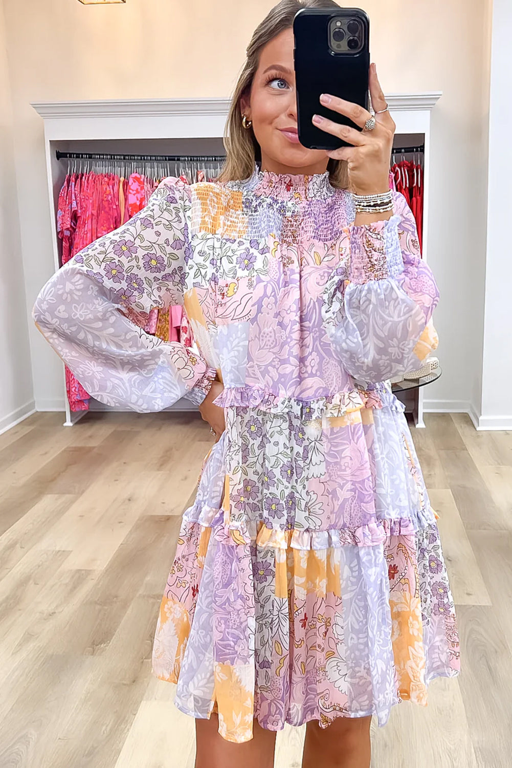 Multicolour Floral Smocked Mock Neck Ruffled Tiered Bubble Sleeve Dress eAura