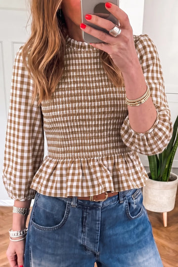 3/4 Sleeve Shirred Plaid Peplum Top – Brown