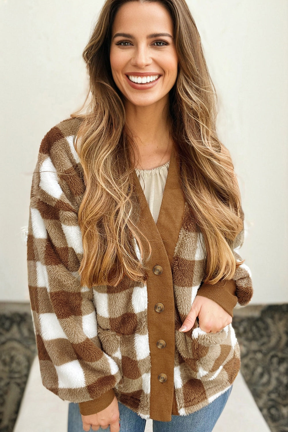 Checkered Sherpa Oversized Cardigan with Pockets eAura