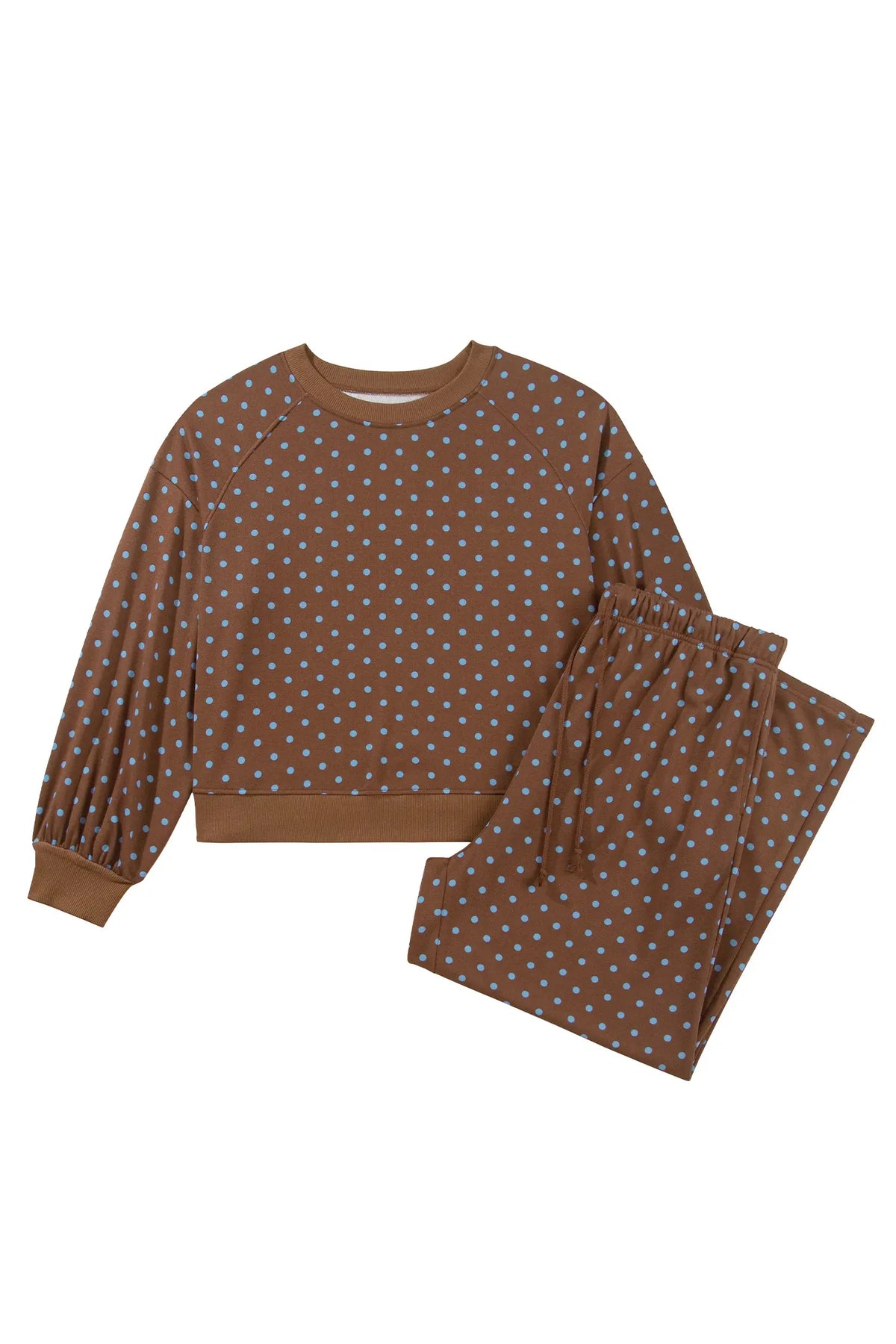 Polka Dot Round Neck Long Sleeve Plus Size Set – Brown