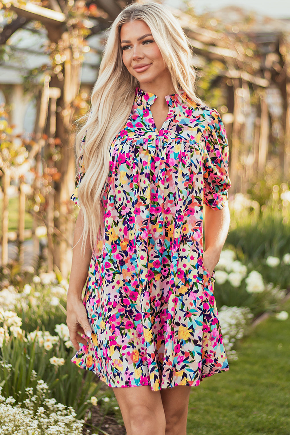 Pink Floral Puff Short Sleeve V Neck Mini Dress eAura