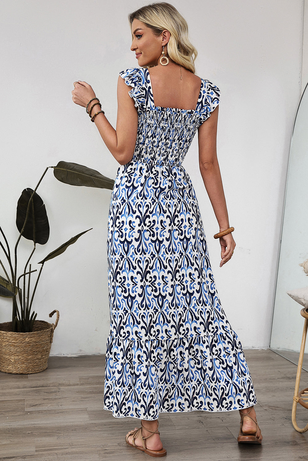 Sky Blue Boho Print Smocked Maxi Dress eAura