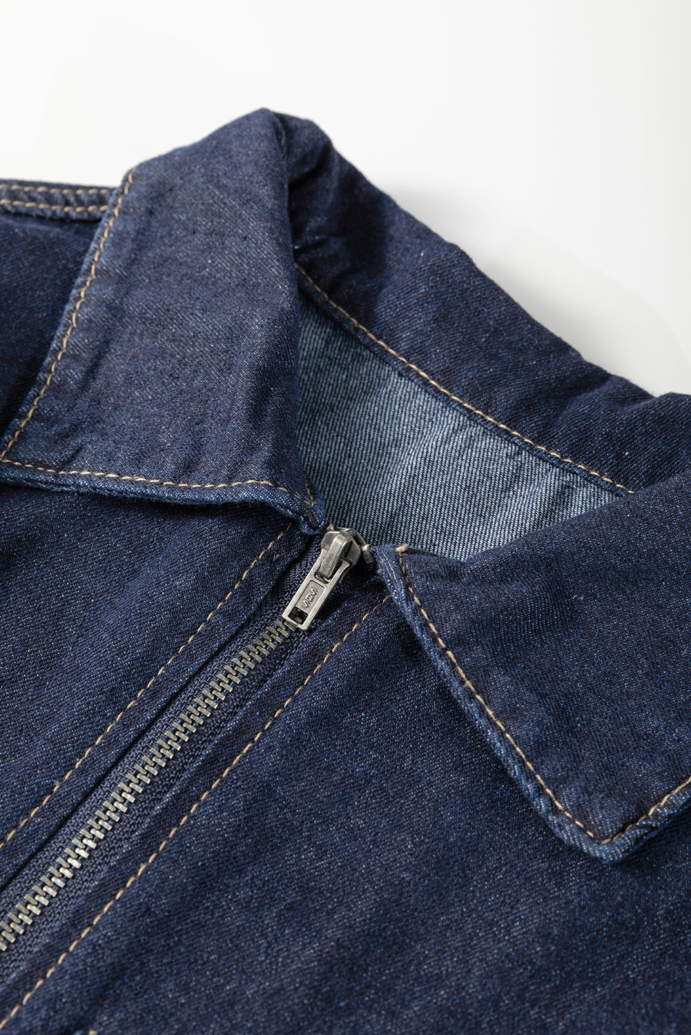 Dirty blue Zipped up Bodice Collared Short Puff Sleeve Denim Dress eAura