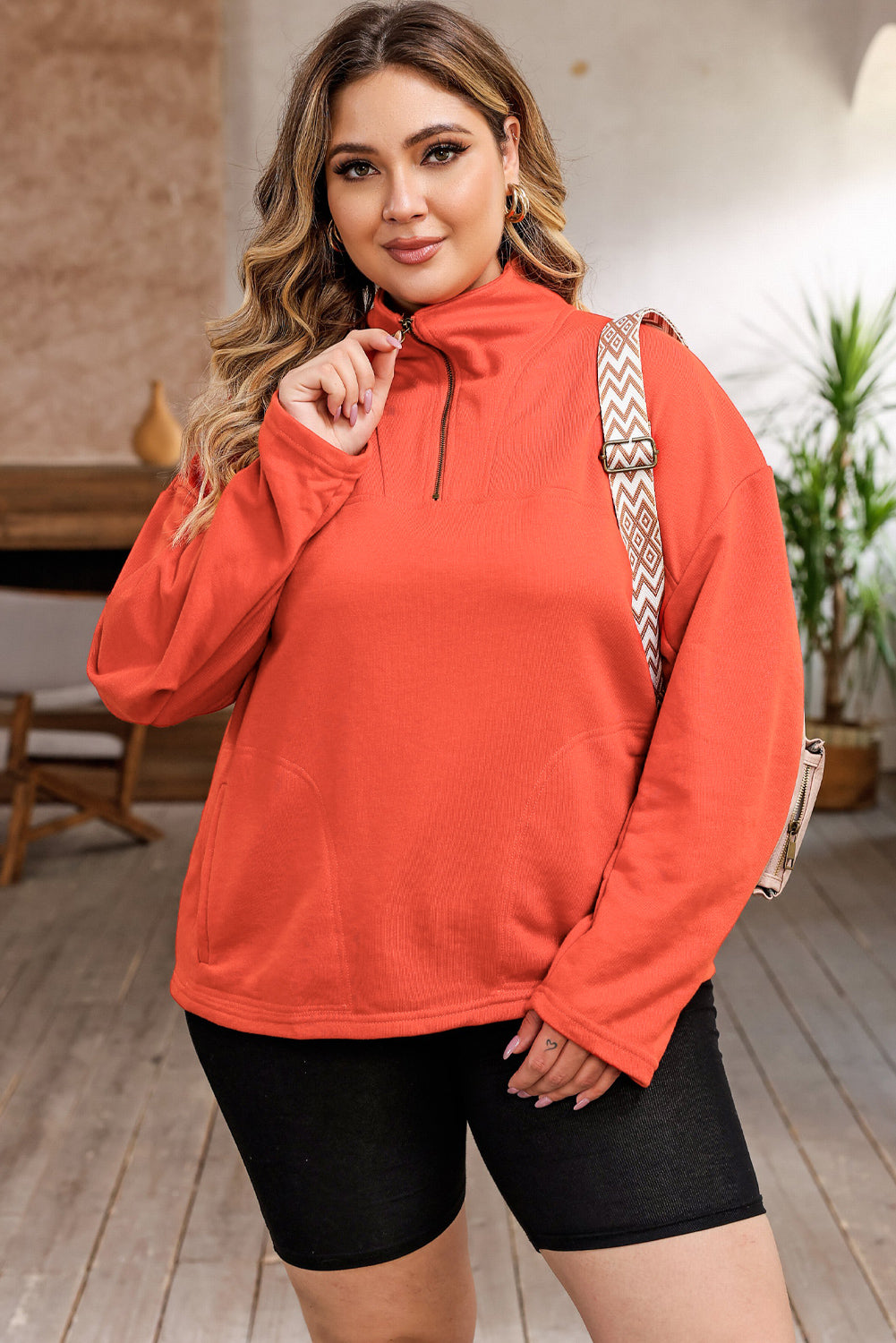 Orange O-ring Zipper Pocketed Plus Size Sweatshirt BB Fashion Outlet