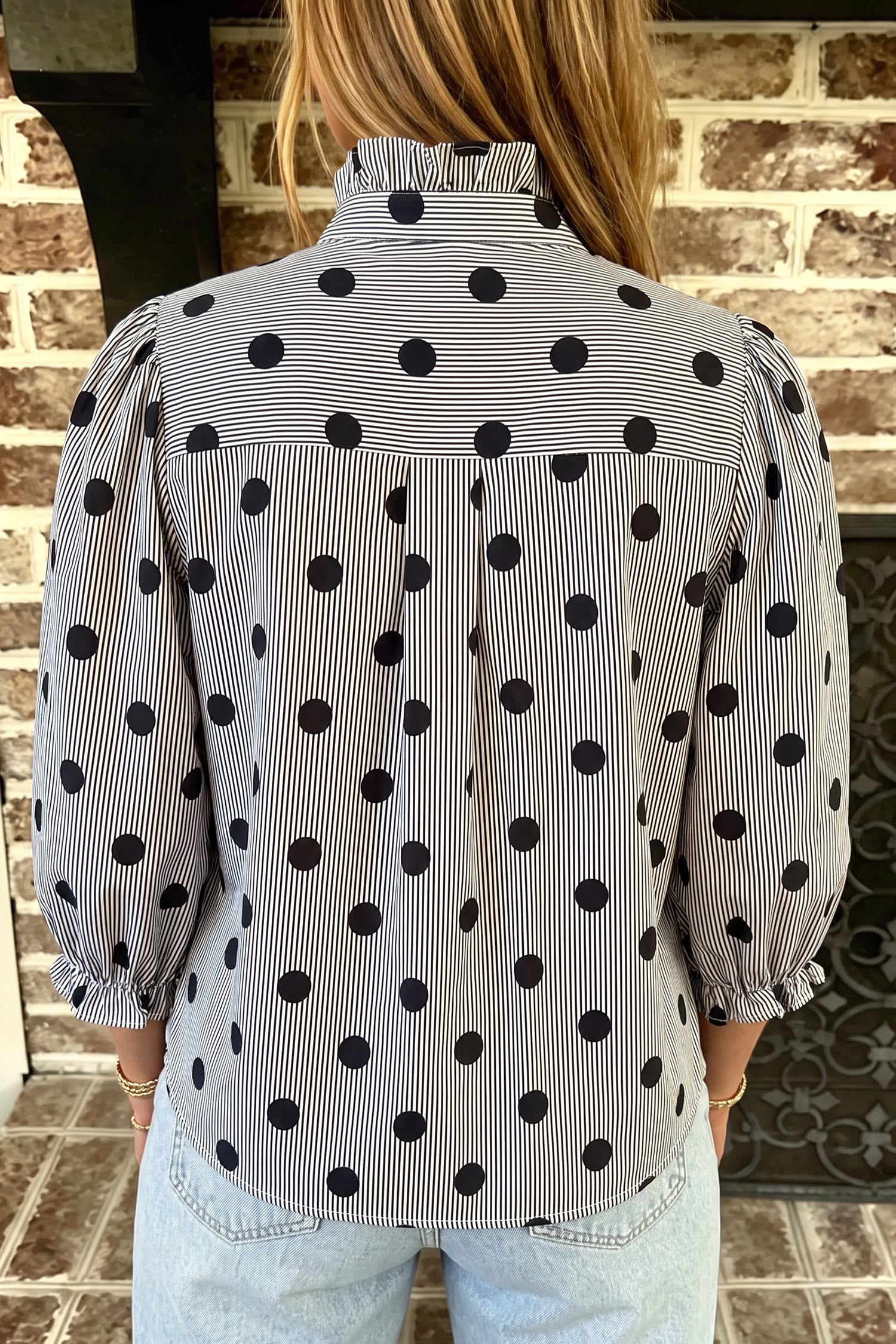 Polka Dot Striped Print Ruffle Stand Neck 3/4 Sleeve Shift Shirt – Black White