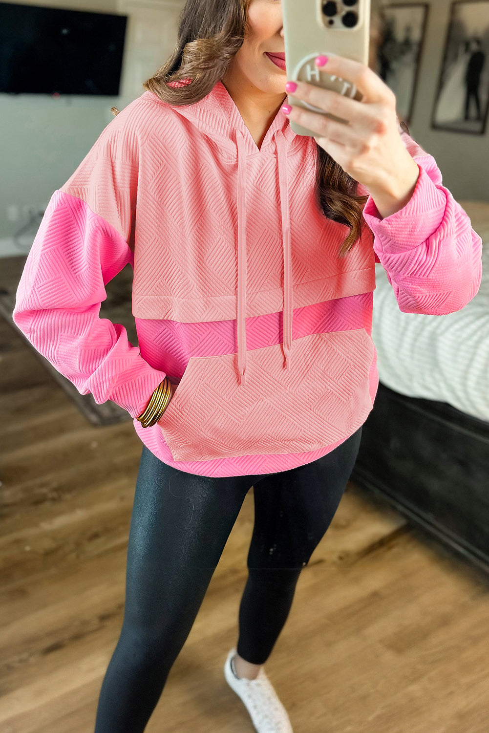 Pink Textured Colour Block Kangaroo Pocket Drop Shoulder Hoodie eAura