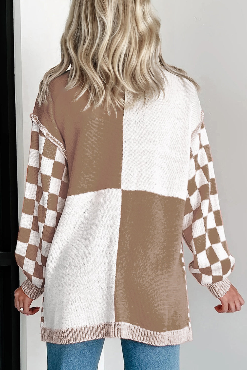 Checkered Bubble Sleeve Drop Shoulder Open Cardigan eAura