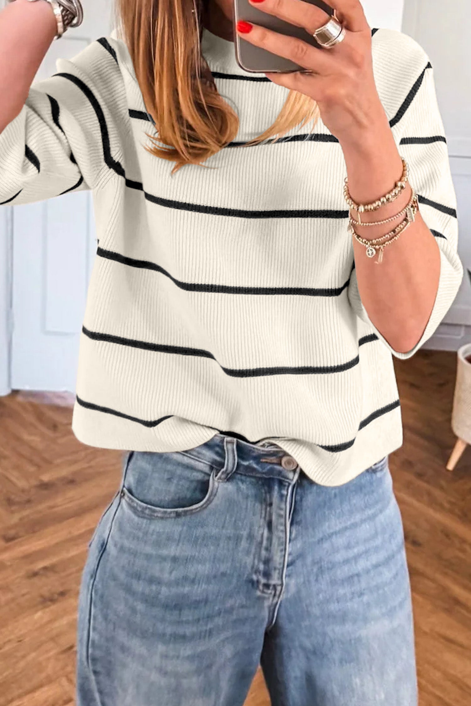 Ribbed Knit Half Sleeve Loose Sweater Tee – White Stripe