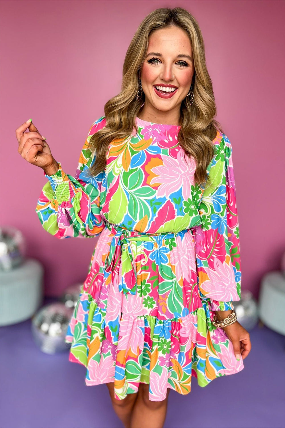 Green MultiColour Botanical Bubble Sleeve Mini Dress eAura