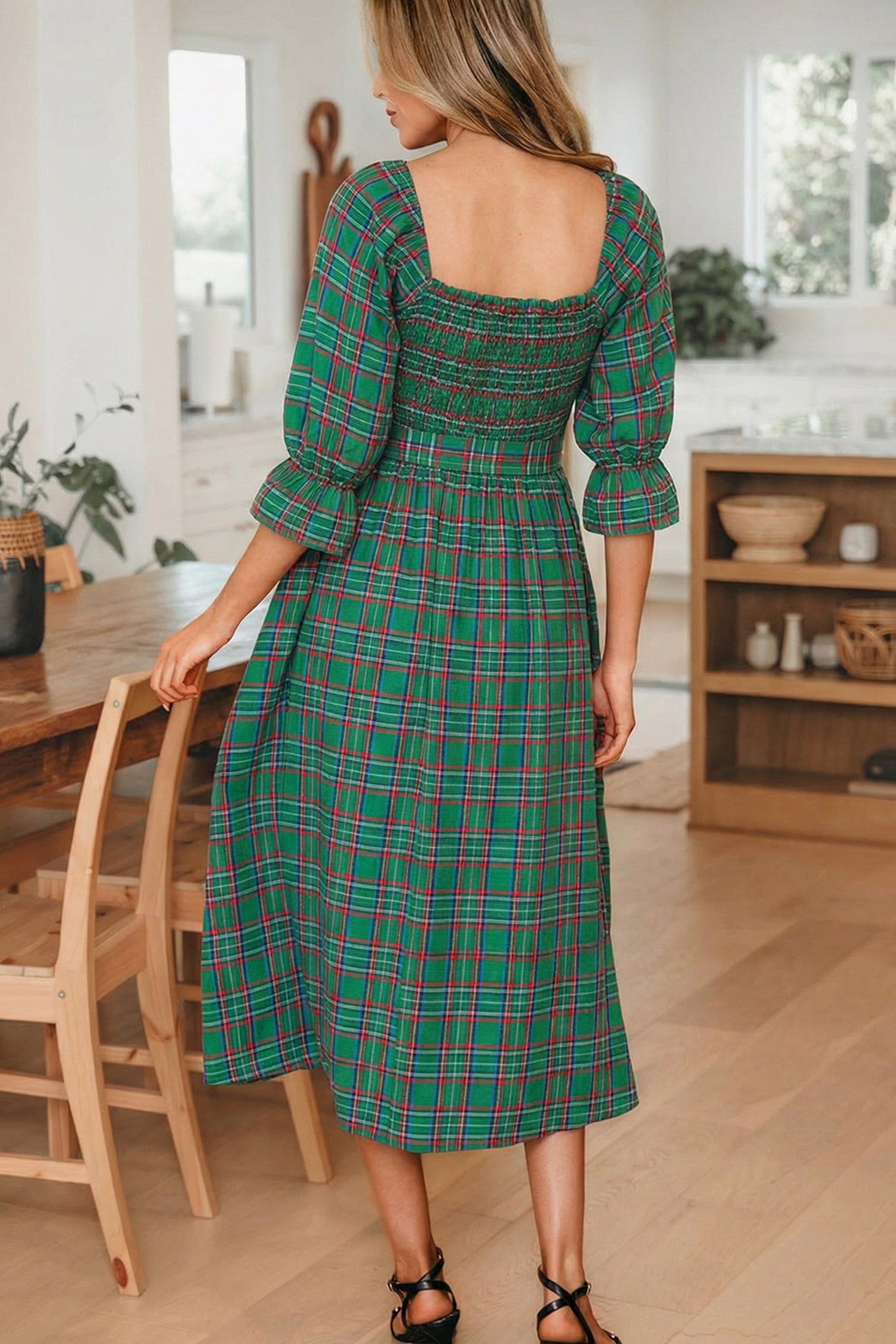 Tartan Plaid Square Neck Puff Sleeve Knot Waist Flared Midi Dress - Dresses/Midi Dresses