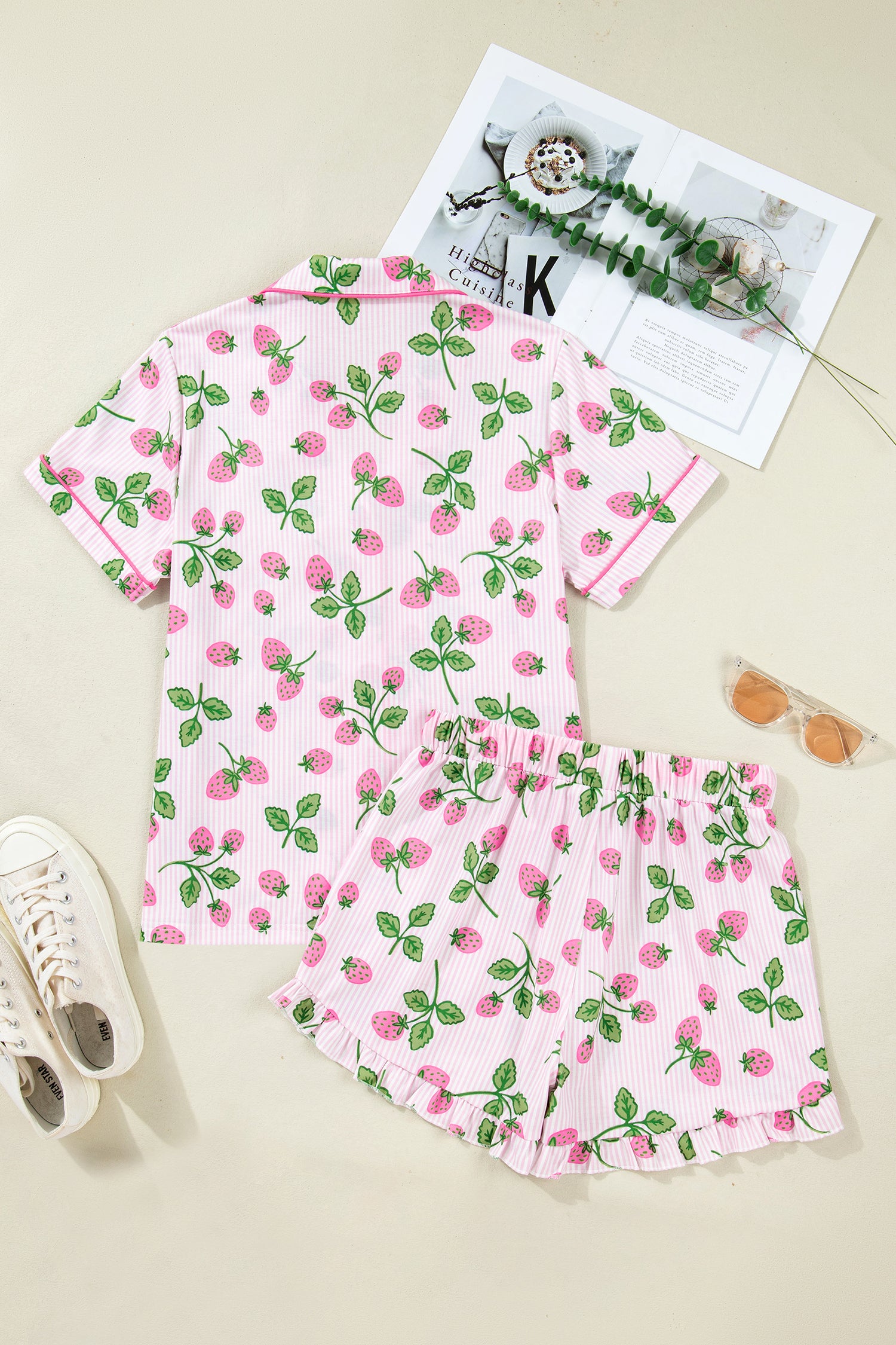 Striped Strawberry Print Pyjama Set – Pink