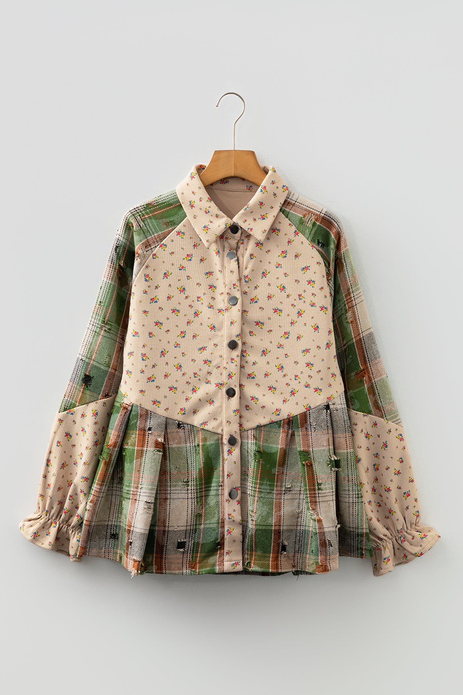 Boho Floral Plaid Patchwork Distressed Detail Ruffled Sleeve Waffle Shacket - Outerwear/Jackets