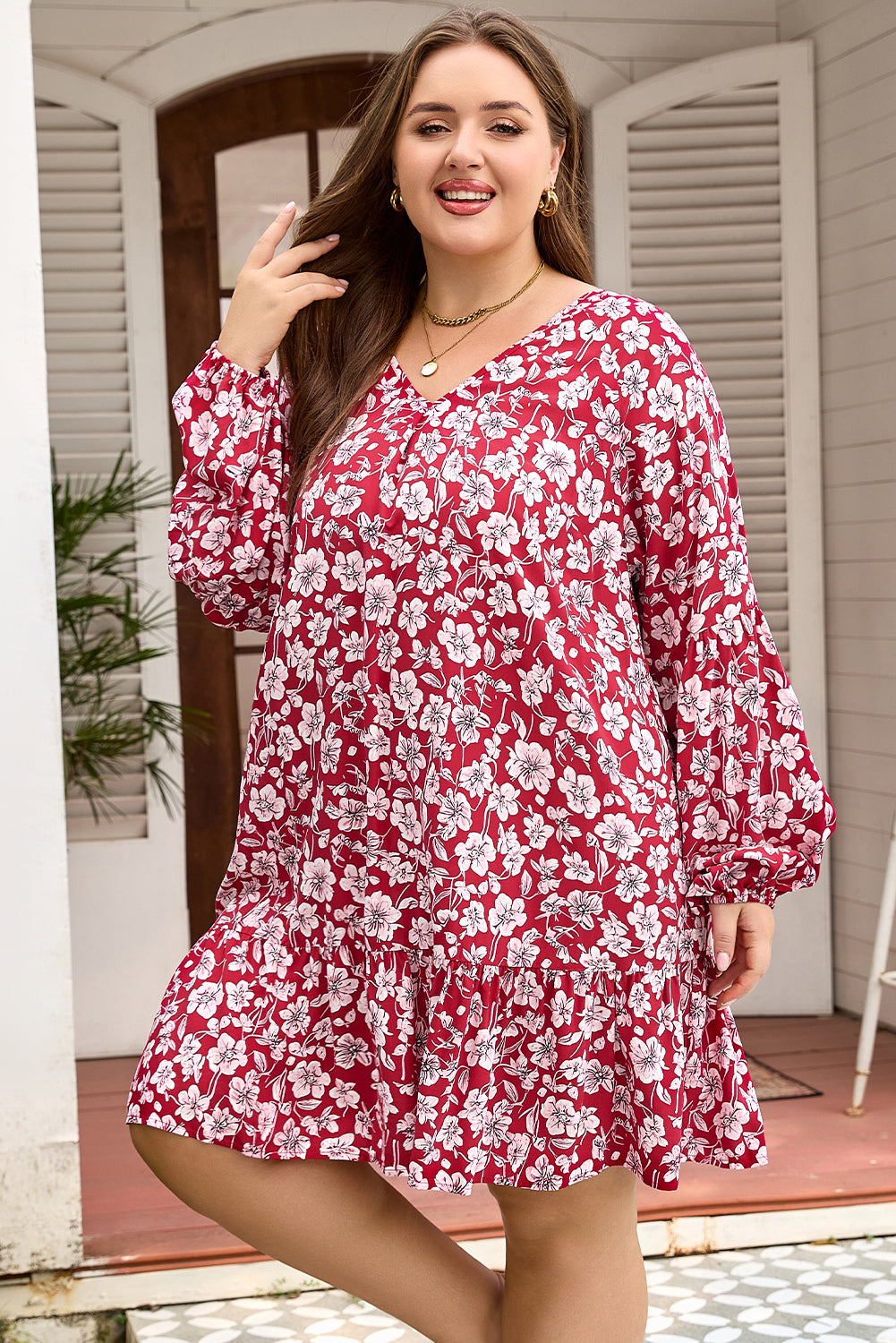 Purple Plus Floral Balloon Sleeve V Neck Relaxed Dress - eAura