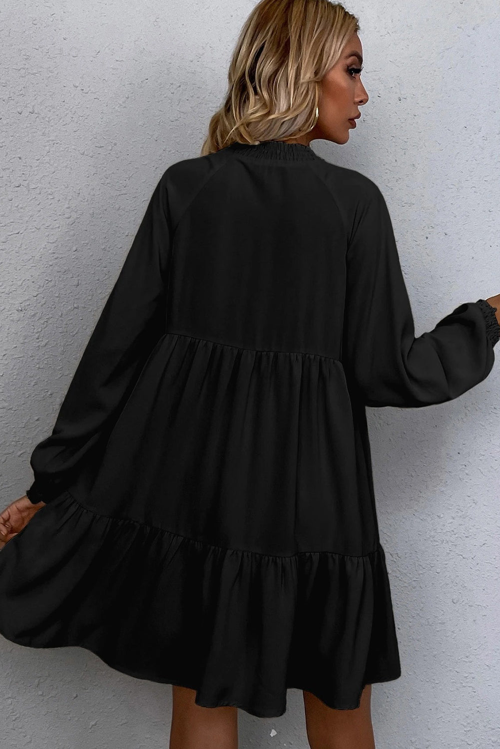 Black Tie Neck Smock Dress Long Sleeve Ruffle Hem eAura