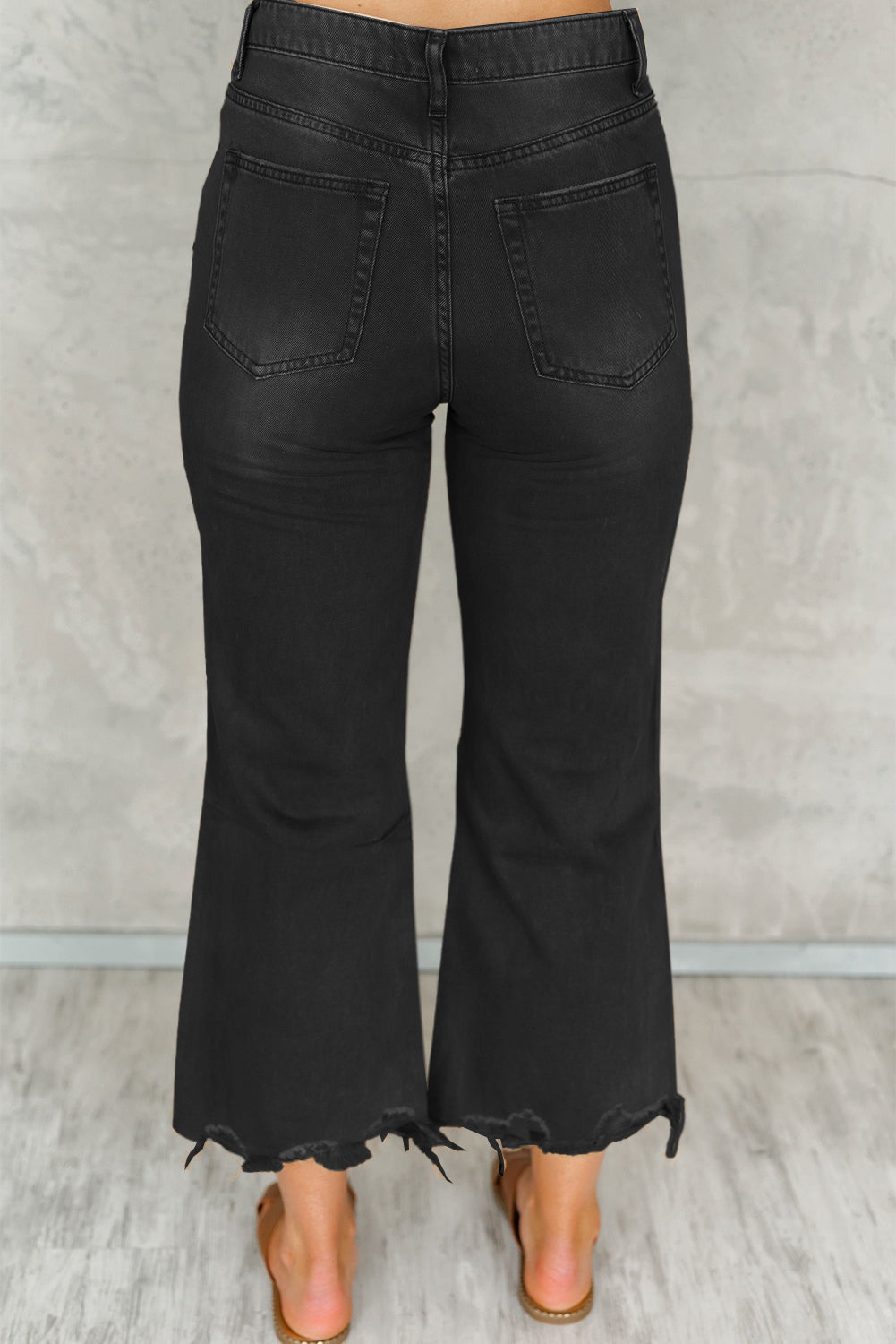 Black Distressed Hollow-out High Waist Cropped Flare Jeans Beagle Boutique Fashion Outlet