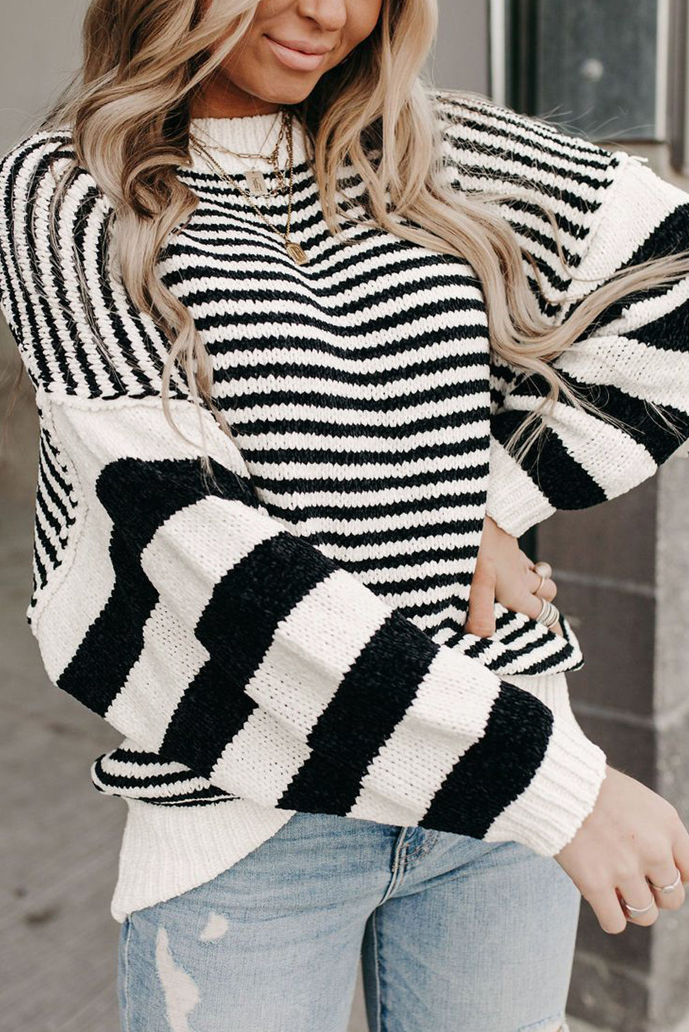 Black white Striped Drop Shoulder Bishop Sleeve Knit Sweater eAura