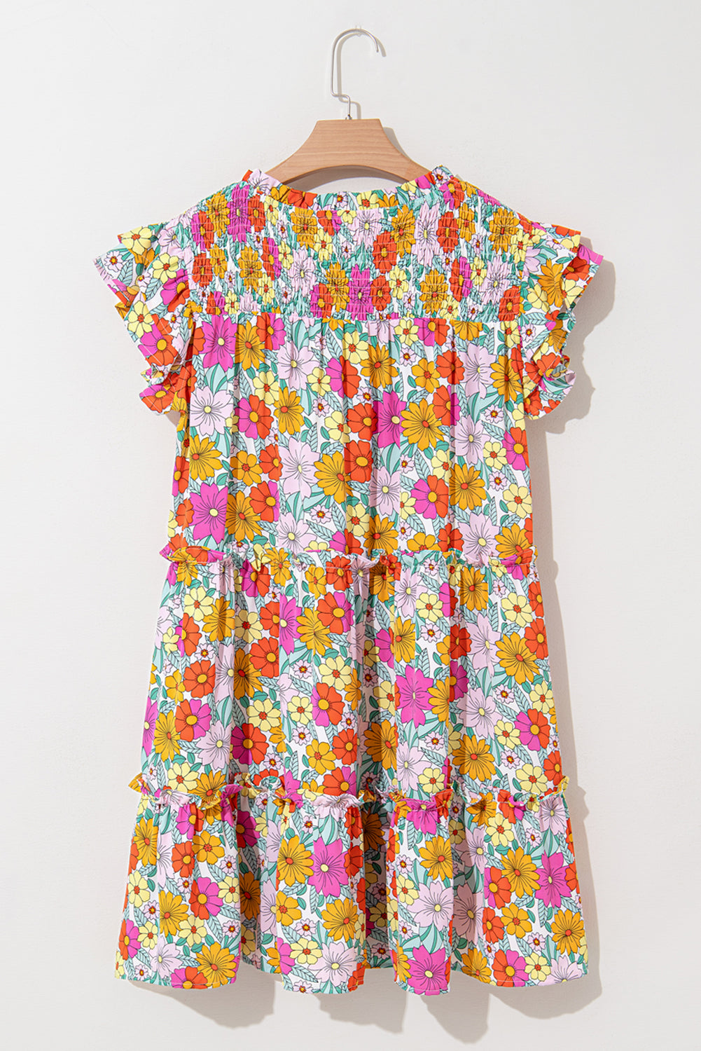 Sky Blue Floral Print Smocked Notch V Neck Flutter Sleeve Mini Dress eAura