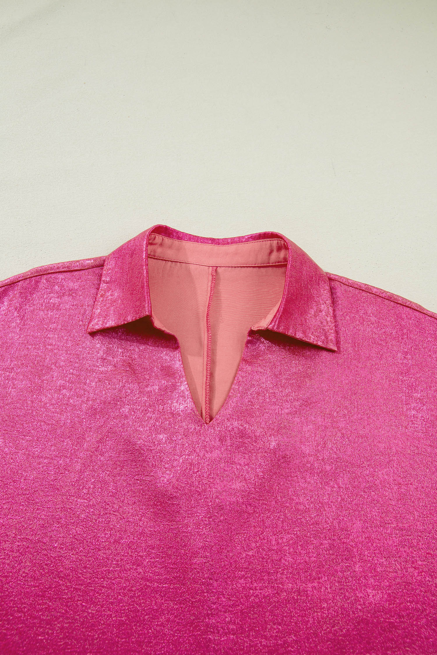 Collared V-Neck Half Sleeve Metallic Top