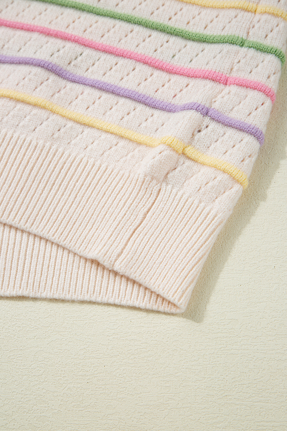 Oatmeal Colourful Striped Eyelet Knit Ruffled Sleeve Sweater T Shirt eAura